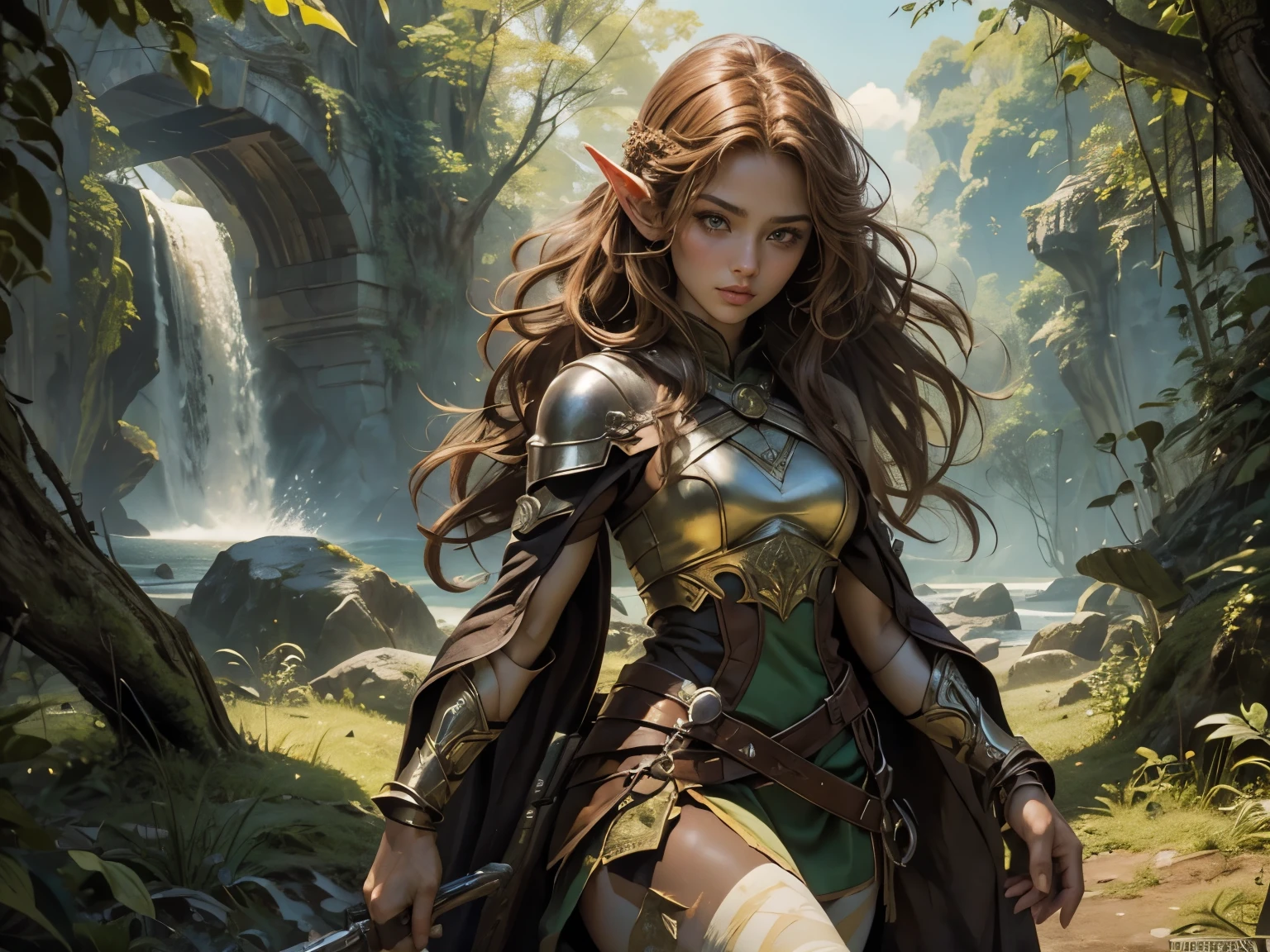 Echo, a 22-year-old half-elf. She has caramel skin with a golden glow, thick light chestnut hair with soft waves, and brown eyes with green hues. Her face is oval with soft features and pronounced cheekbones, adding harmony. She has full, attractive lips with a natural blush. Her beauty radiates strength and confidence, and a slight scar over her right eyebrow adds a warrior's touch. Her ears are small, like a human's, but pointed like an elf's. 