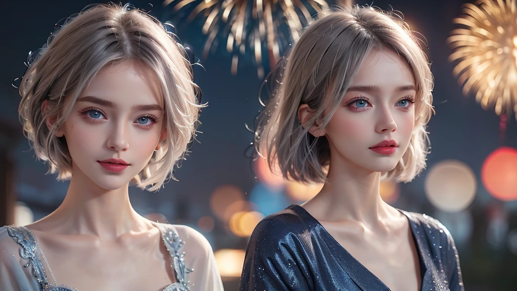 8k,Beautiful woman,Gray Hair,Shortcuts,Perm,Blue Eyes,Summer Nights in Japan,firework,Elegant outfit