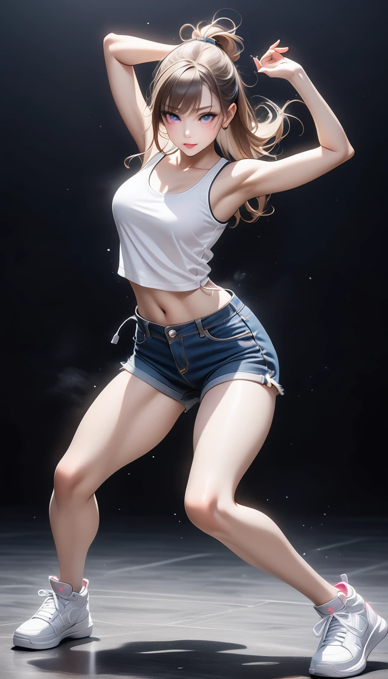 (Generated in SFW:2.0), masterpiece, Highest quality, Realistic photos, RAW Photos, dynamic dancing woman, alone, Beautiful Face, Bangs that fall on the forehead, Casual clothing, (Tight tank top:1.2), (Denim shorts:1.2), Sleeveless, Seductive body lines, alluring looks, break, Cool dance, break, Hip Hop Dance, (Black background color:1.5), (A dark background to make your subject stand out:1.1), (Focus on the eyes), (Full Body Shot:1.2), break, Street dance, Hip Hop Dance, Club dance, dynamic pose, dynamic, Moments that captivate you, Concentrated face, View your audience, bend, Spread your legs, Cool pose, Applying random anagrams to create completely different new works,