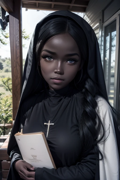 A BOOK COVER SHOWING A 24-YEAR-OLD BLACK NUN WITH VERY CURLY HAIR AND JABUTICABA EYES.