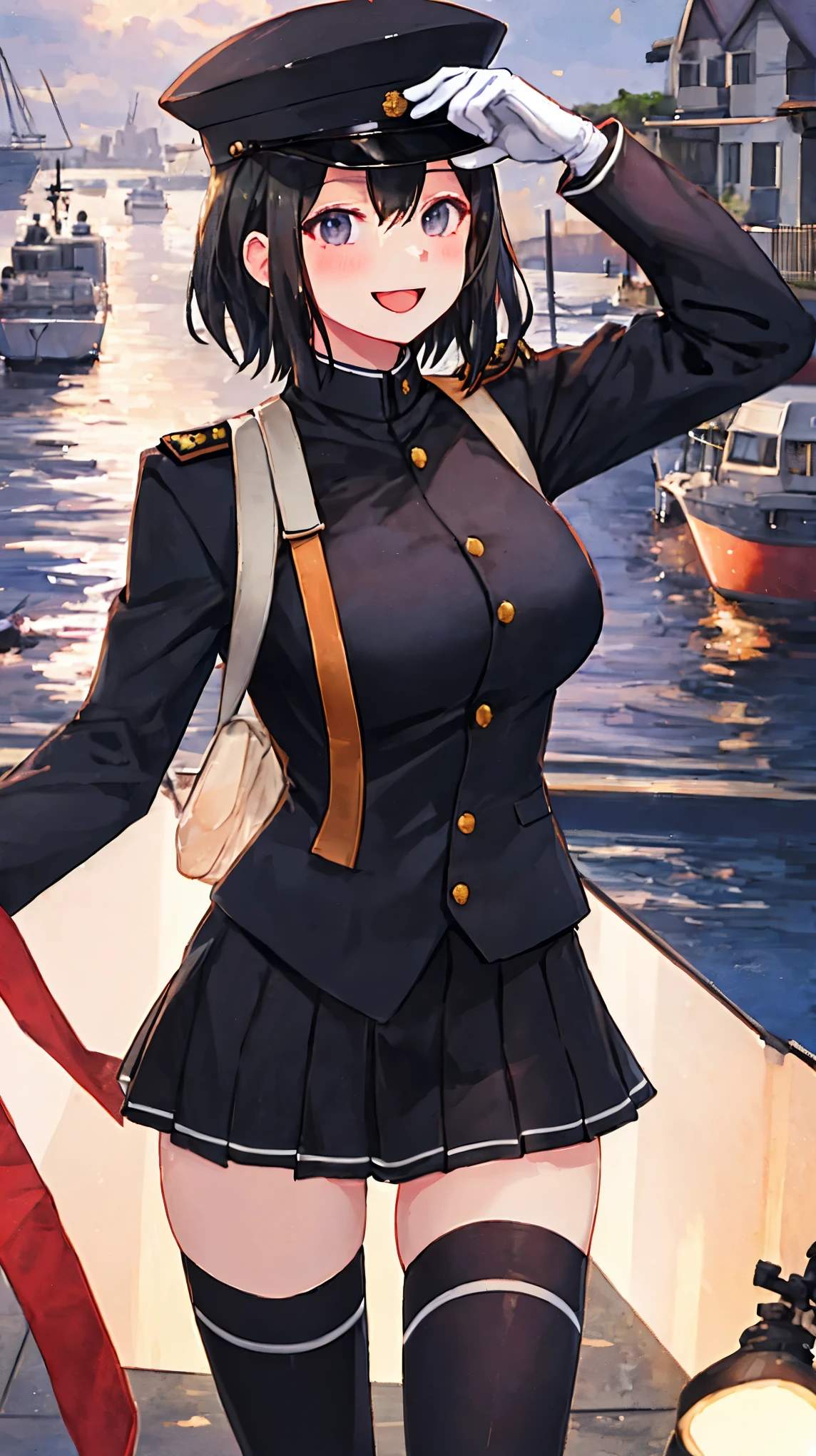 best quality, masterpiece, solo, {akitsu_maru_kantaicollection:1.15}, black_hair, short_hair, hat, peaked_cap, black_eyes, military, big_breasts, 1girl, black_headwear, looking_at_viewer,black_ military_uniform, uniform, military_hat, in_front_harbor_town_landscape_background, smile,(plump:0.7),,black_thigh-highs,joylight_open_mouth,white_skin