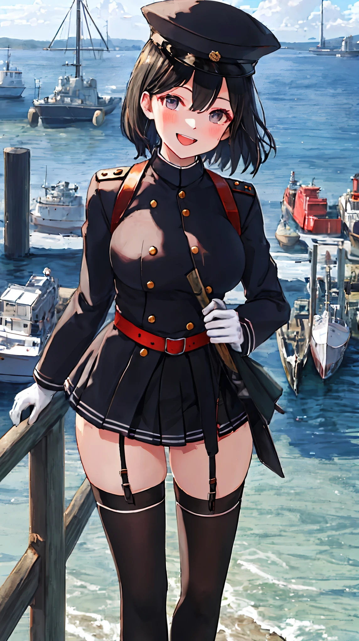 best quality, masterpiece, solo, {akitsu_maru_kantaicollection:1.15}, black_hair, short_hair, hat, peaked_cap, black_eyes, military, big_breasts, 1girl, black_headwear, looking_at_viewer,black_ military_uniform, uniform, military_hat, in_front_harbor_town_landscape_background, smile,(plump:0.7),,black_thigh-highs,joylight_open_mouth,white_skin