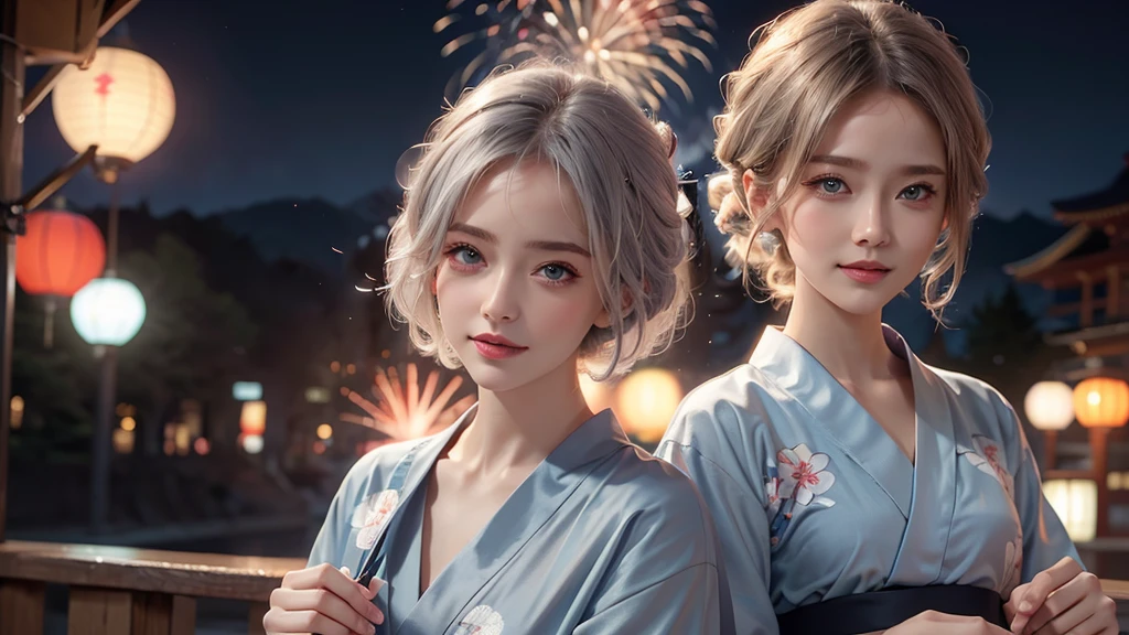 8k,Beautiful woman,Gray Hair,Shortcuts,Perm,Blue Eyes,Summer Nights in Japan,firework,Traditional Japan yukata