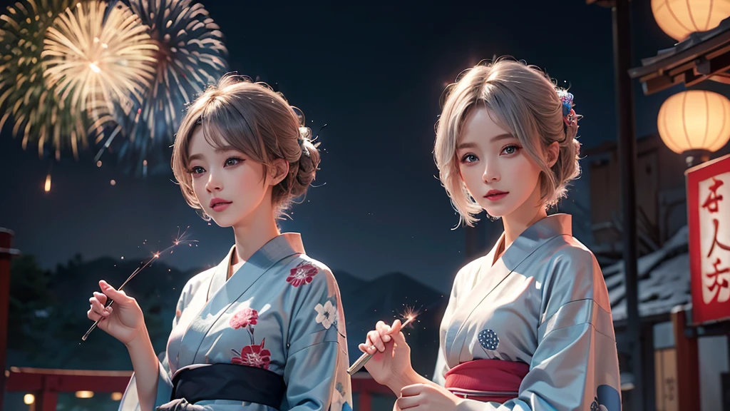 8k,Beautiful woman，Gray Hair，Shortcuts，Perm,Blue Eyes，Summer Nights in Japan，firework，Traditional Japan yukata