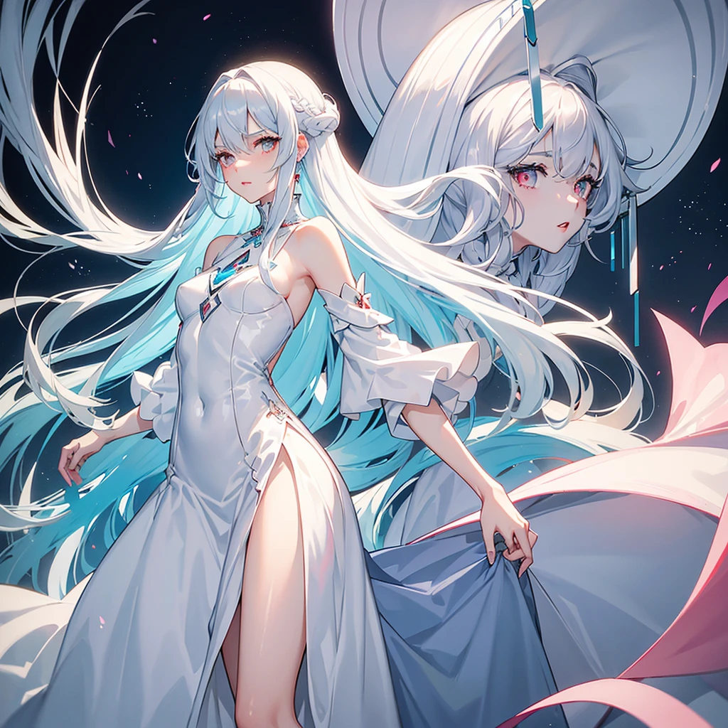 A woman with long silver hair with light blue tips, bangs, and a slender face. Eyebrows are very small and thin. Light red lips, pink cheeks, white skin, wearing a white dress and a long skirt. There's a blue butterfly in her hair, light blue eyes, light pink roses adorning her dress, smiling.