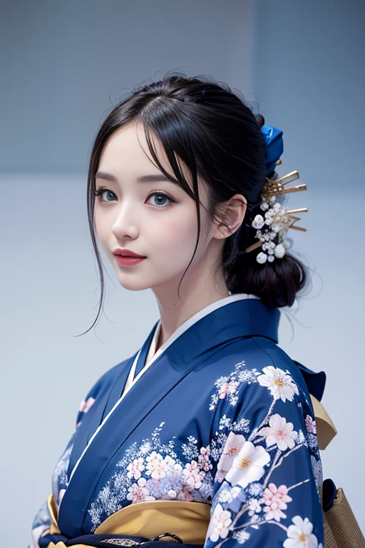 A beautiful woman, kimono that does not expose much of her skin.,(((In the moonlight of a blizzard, a woman looking good in a kimono with Japanese pattern,Floral scrunchie.))),Full-body photography from the ceiling,best image quality,professional angle of view,Exceptional detail,Super high resolution,realistic:1.4),high detail,focus on details,1girl concentrated in high concentration,long hair,delicate and beautiful face,The best smile with raised eyebrows and corners of the mouth,((glowing glass eyes)),

