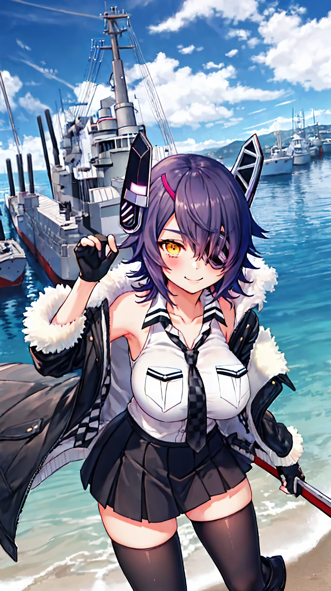 best quality, masterpiece, solo, {tenryuu_kantaicollection:1.15}, _girl, eyepatch, short_hair, purple_hair, yellow_eyes, headgear, breasts, necktie, large_breasts, smile, 1girl, blush, checkered_necktie, hair_over_one_eye, shirt, collared_shirt, white_shirt, jacket, sleeveless, brown_eyes, fur-trimmed_jacket, fur_trim, collarbone, looking_at_viewer, pocket, breast_pocket, ,, messy_hair, black_gloves, gloves, partially_fingerless_gloves,harbor_road_landscape_background,outdoor,short_skirt,thigh-highs,boots,sunlight,from_below