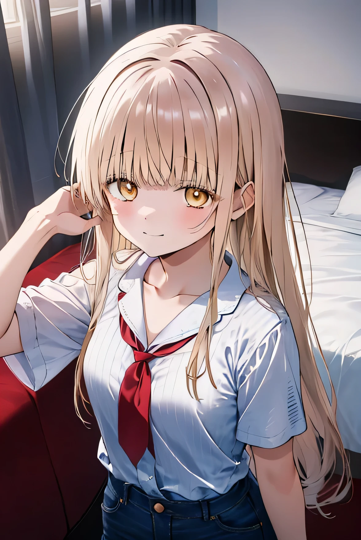 Masterpiece, anime coloring, ultra-detail, 8k, bionde, Loungewear, jeans, from above、upper body、light smile、shy、detailed eyes、Long Hair,Yellow Eyes、Are standing、Chewing hair elastic、Raise your hand to tie your hair、Bedroom