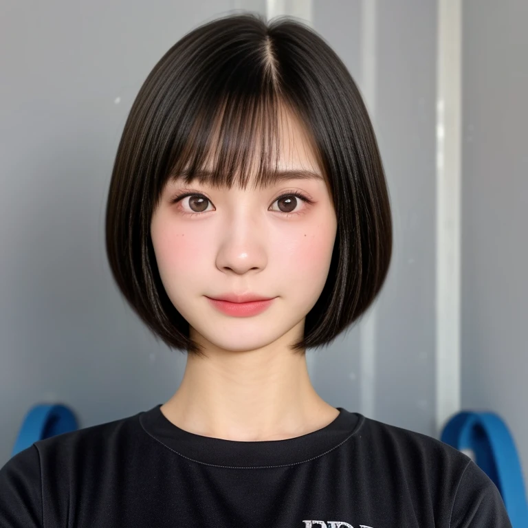 (kawaii 18 year-old Japanese girl, Nogizaka idol, Korean idol, highschool student), healthy female athlete body, (glossy black hair, short hair, pixie cut, bangs:1.3), (rounded face, beautiful black eyes, single eyelid, no makeup, serious expression:1.2), (wearing tight fitted crew neck t-shirt:1.3), extra small breasts, BREAK, (plain gray background:1.2), (id photo, yearbook photo, facing straight at the camera, cowboy shot:1.2), BREAK, (masterpiece, best quality, photo realistic, official art:1.4), (UHD, 8K quality wallpaper, high resolution, raw photo, golden ratio:1.3), (shiny skin), professional lighting, physically based rendering, award winning, (highly detailed skin, extremely detailed face and eyes), Carl Zeiss 85 mm F/1.4, depth of field, 1girl, solo,