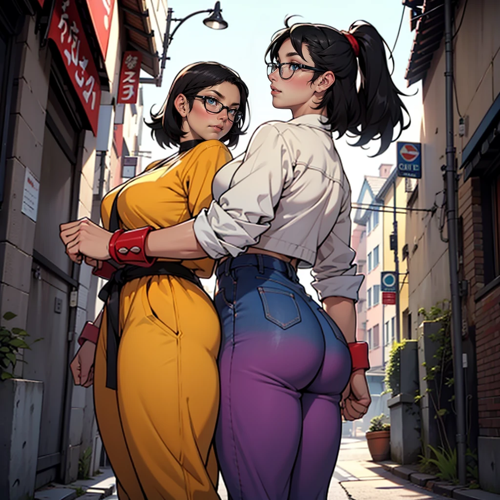 wide-angle shot, rear view, beautiful female street fighter, wearing big glasses, Cropped black hair, using large steel knuckles