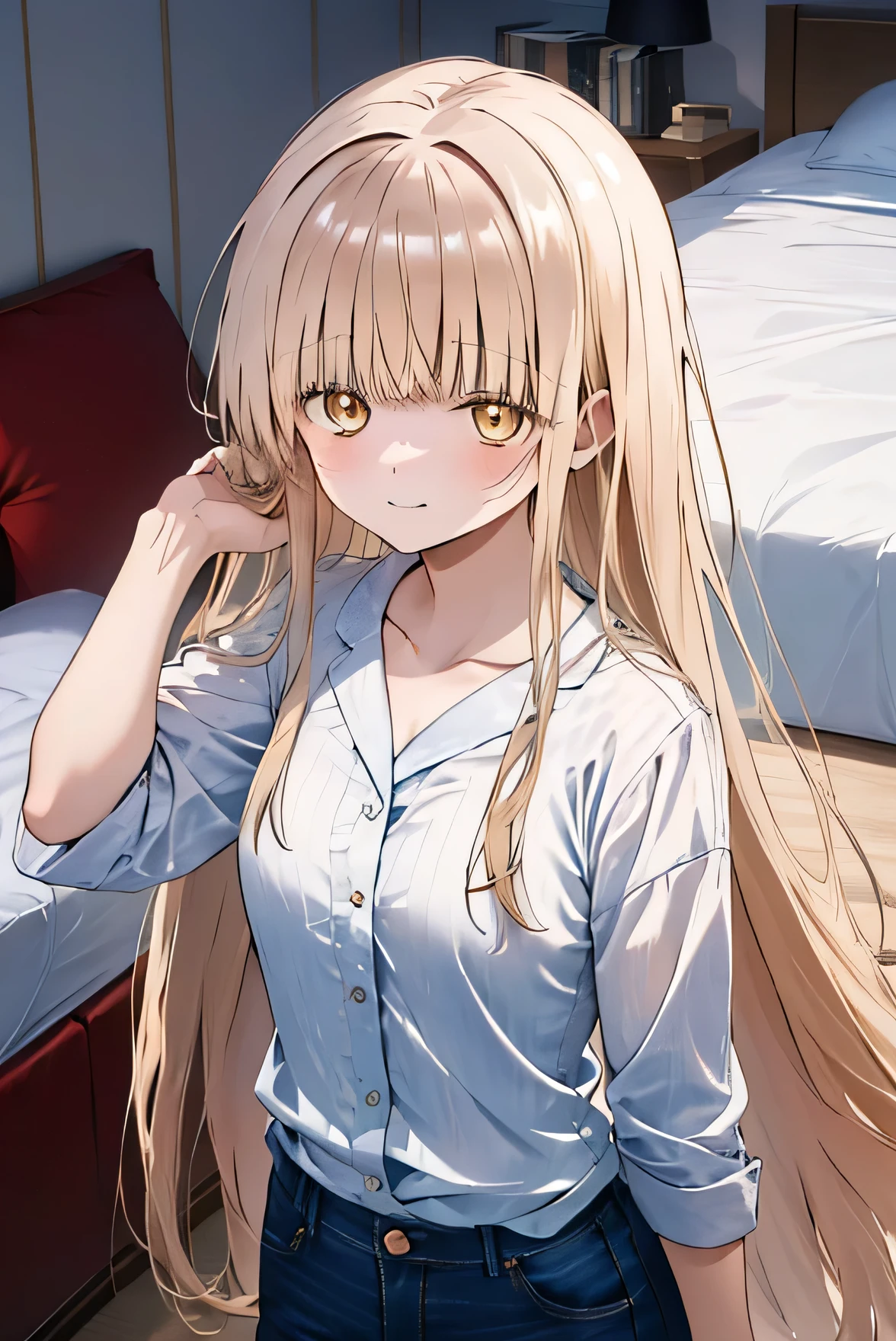 Masterpiece, anime coloring, ultra-detail, 8k, bionde, Loungewear, jeans, from above、upper body、light smile、shy、detailed eyes、Long Hair,Yellow Eyes、Are standing、Chewing hair elastic、Raise your hand to tie your hair、Bedroom、Flaxen Hair