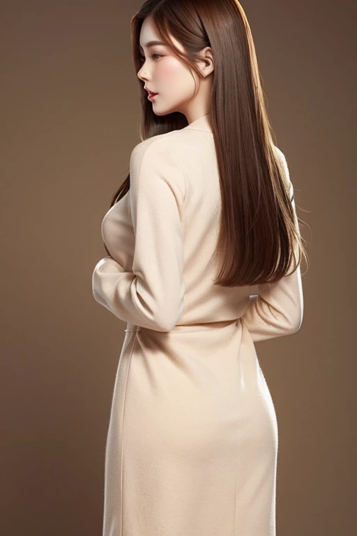 Beautiful Russian woman, long dark hair, brown eyes, sultry eyes, beautiful lips, lips parted, makeup, standing in a room, natural, hyper realistic