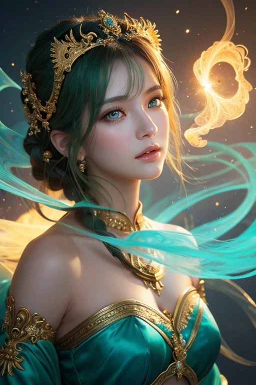 This is a realistic fantasy art piece featuring a realistic Goddess of Light, Beautiful fractal art,美しく瀟洒な花がsheを祝福している,A faint swirl of smoke, And the goddess with her beautiful face makes for an interesting composition.。. she face is expertly sculpted, Elegant and sophisticated features with perfect shading and realistic skin texture. she (Turquoise and golden eyes) It's wonderful.、It is the focus of this image. (she eyes extremely detailed, Beautiful attention to detail, macro). she eyes feature intricate detailing with clearly defined irises and bright sclera. sheはクラシックな模様のロングドレスを着ている,Long sleeve,詳細で宝stoneで作られたドレス,soft lips are smooth and very puffy, sheの肌は淡い紅潮と華麗なクラシカルな模様で飾られている. she long gown is stunning and expensive, Made of pure flame and brilliant light,光の中できらめく華やかな宝stone. she billowing gown glitters from the flames and features a delicately and intricately embroidered bodice with wisps of flames running across it. Include fantasy elements such as bumps, stone, Fiery Iris, silk, And an interesting background. Include magical creatures such as birds and butterflies that give off a magical and mystical aura.. Lighting: Enhance your artwork with the latest lighting trends. camera: Use dynamic composition to create tension and excitement. Take inspiration from current masters of the fantasy genre, Including popular artists on Artstation and Midjourney. ((masterpiece))