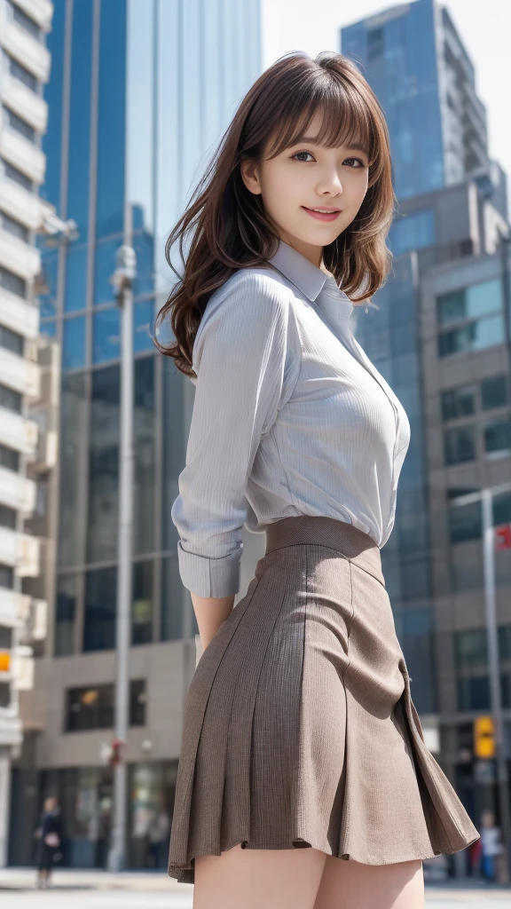 Woman in a suit standing on the sidewalk,((25-year-old woman))、small Breasts、Dark brown hair color、Hairstyle with bangs、Various hairstyles、Hairstyles of different lengths、(8k, RAW Photos, highest quality, Tabletop: 1.2),、(Realistic, Realistic: 1.3), Cityscape, Day, Sunny Morning, Professional Lighting, Photon Mapping, shirt, (Woman in a suit,) Silk Suit、Pencil Skirt、Tight Skirt、((Delicate photo))，(Detailed RAW Photos of Girls), (Tabletop:1.25), (highest quality:1.6), (超A high resolution:1.5), (Realistic:1.75), 8k resolution, Canon EOS R5, 50mm, absurdes, Ultra-detailed,Cinema Lighting, (Skirt Lift:1.4)、nsfw、the wind is strong、smile、Skirt flipped up、sexy panties