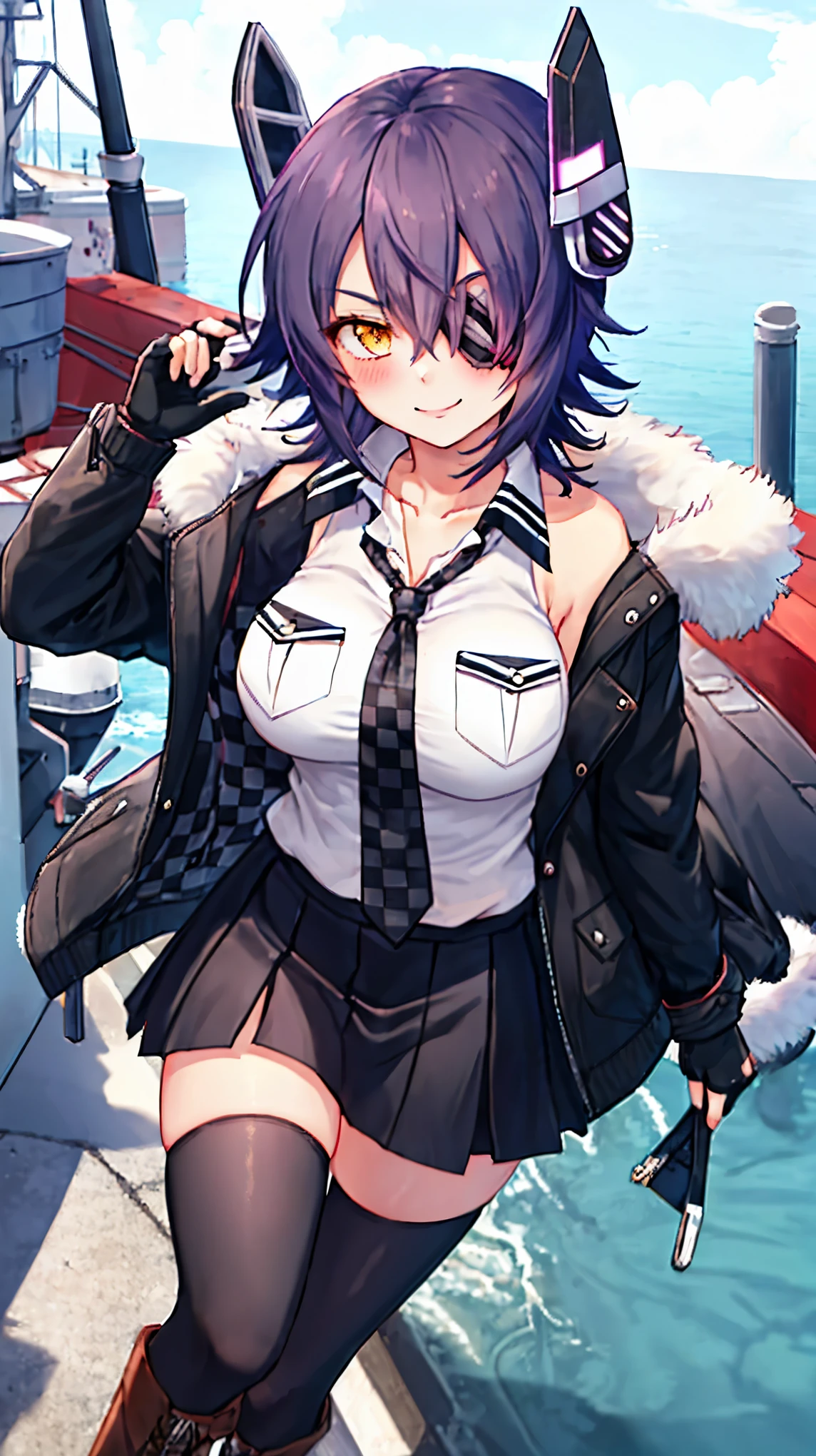 best quality, masterpiece, solo, {tenryuu_kantaicollection:1.}, teirl, eyepatch, short_hair, purple_hair, yellow_eyes, headgear, breasts, necktie, large_breasts, smile, 1girl, blush, checkered_necktie, hair_over_one_eye, shirt, collared_shirt, white_shirt, jacket, sleeveless, brown_eyes, fur-trimmed_jacket, fur_trim, collarbone, looking_at_viewer, pocket, breast_pocket, ,, messy_hair, black_gloves, gloves, partially_fingerless_gloves,harbor_road_landscape_background,outdoor,short_skirt,thigh-highs,boots,sunlight,from_below