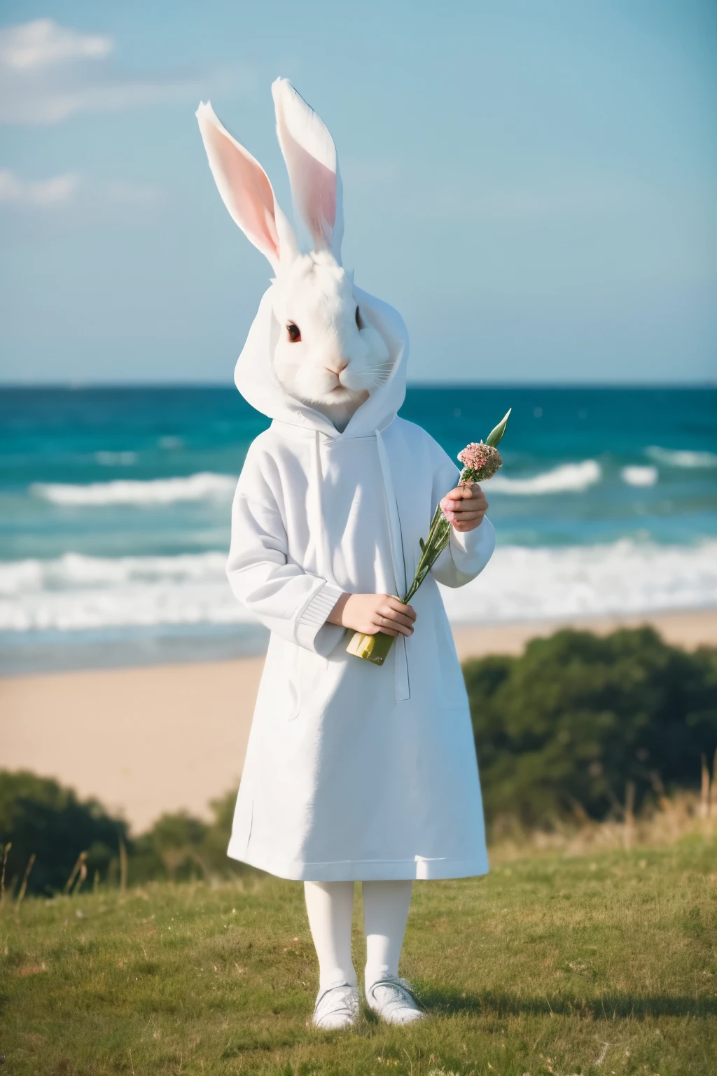 Rabbit in clothes　White Rabbit　Are standing　whole body　front　Long ears drooping　Horan Drop Year