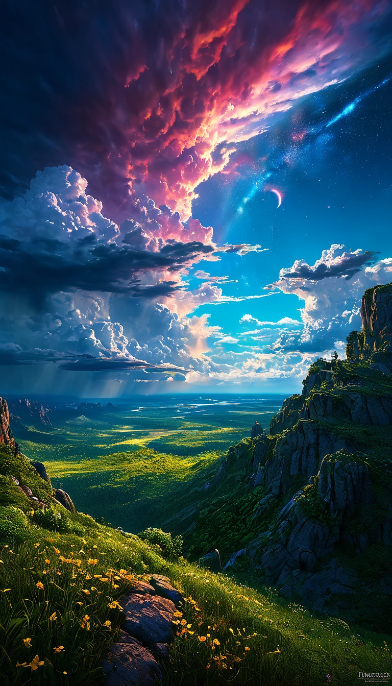 summer sky,photorealistic,highly realistic,extreme details,breathtakingly realistic,high contrast realism,high saturation realism,vibrant colors,dramatic lighting,captivating landscape,compelling storytelling,atmospheric scene,mesmerizing visuals,intricate details,strong emotions,celestial beauty,dreamlike world