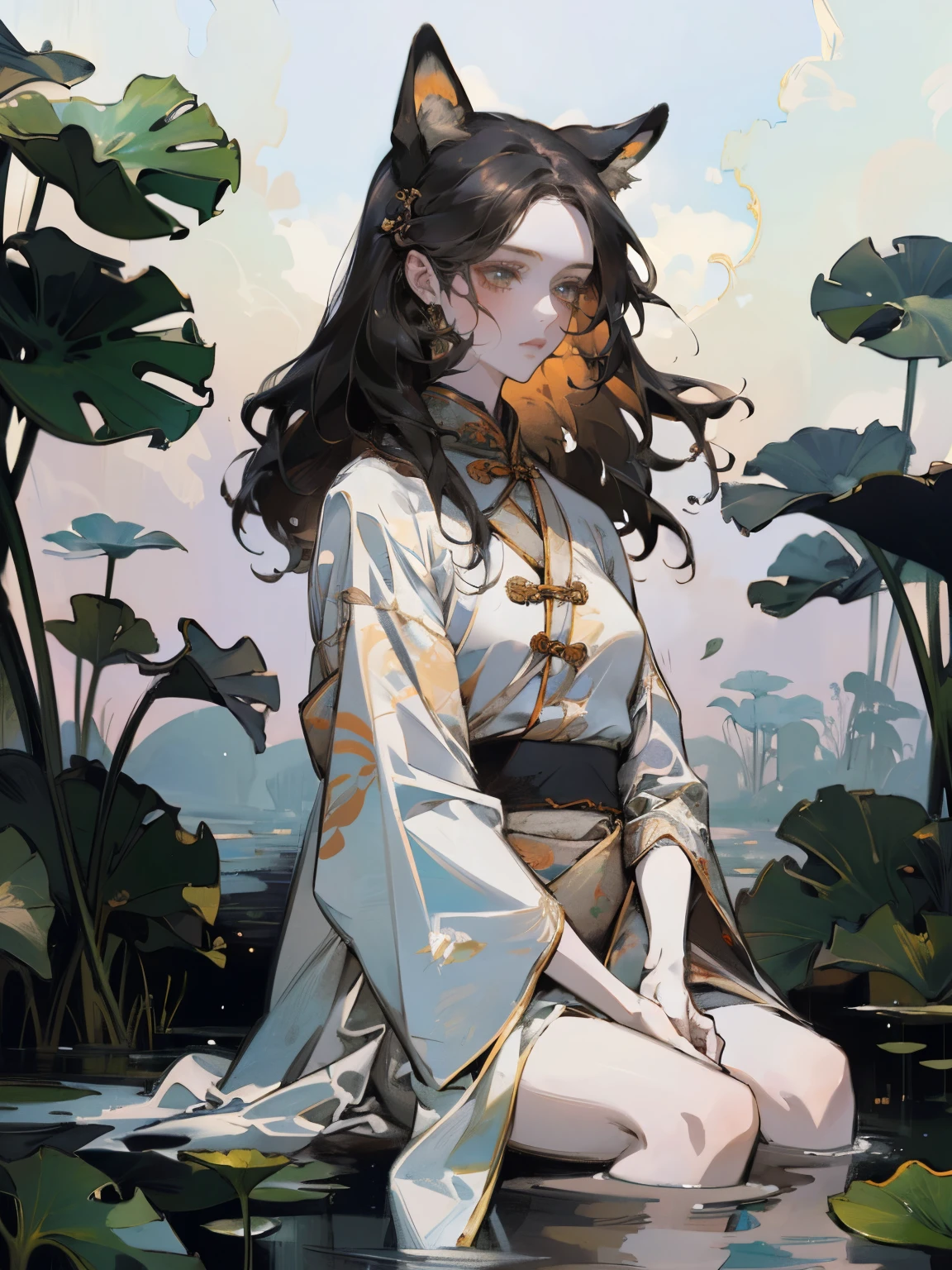 absurdres, highres, ultra detailed, (1girl:1.3), hand drawn, simple line, 16yo girl in colorful Chinese Hanfu, sexy girl with fox ears, at the lotus pond, masterpiece, sitting in water, floating clothes, floating hair