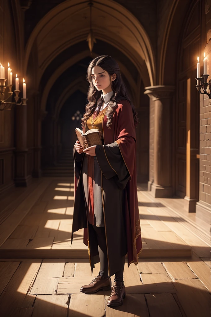 a Hogwarts student witch wearing Gryffindor robes, holding a grimoire, in the corridors of Hogwarts, realistic, beautiful, elegant robes, dramatic lighting, candle lights, nighttime
