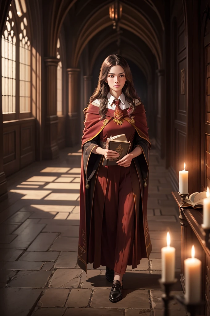 a Hogwarts student witch wearing Gryffindor robes, holding a grimoire, in the corridors of Hogwarts, realistic, beautiful, elegant robes, dramatic lighting, candle lights, nighttime