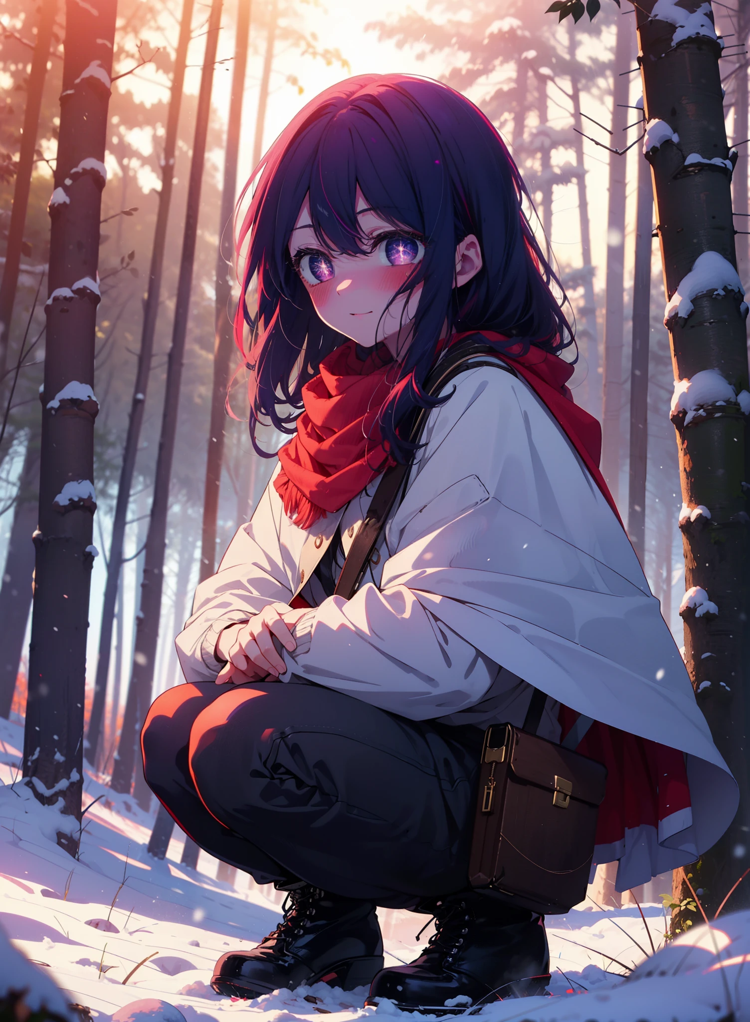 aihoshino, Ai Hoshino, Long Hair, bangs, (Purple eyes:1.1), Purple Hair, (Symbol-shaped pupil:1.5), smile,,smile,blush,white breath,
Open your mouth,snow,Ground bonfire, Outdoor, boots, snowing, From the side, wood, suitcase, Cape, Blurred, , forest, White handbag, nature, Squat, Mouth closed, Cape, winter, Written boundary depth, Black shoes, red Cape break looking at viewer, Upper Body, whole body, break Outdoor, forest, nature, break (masterpiece:1.2), Highest quality, High resolution, unity 8k wallpaper, (shape:0.8), (Beautiful and beautiful eyes:1.6), Highly detailed face, Perfect lighting, Extremely detailed CG, (Perfect hands, Perfect Anatomy),