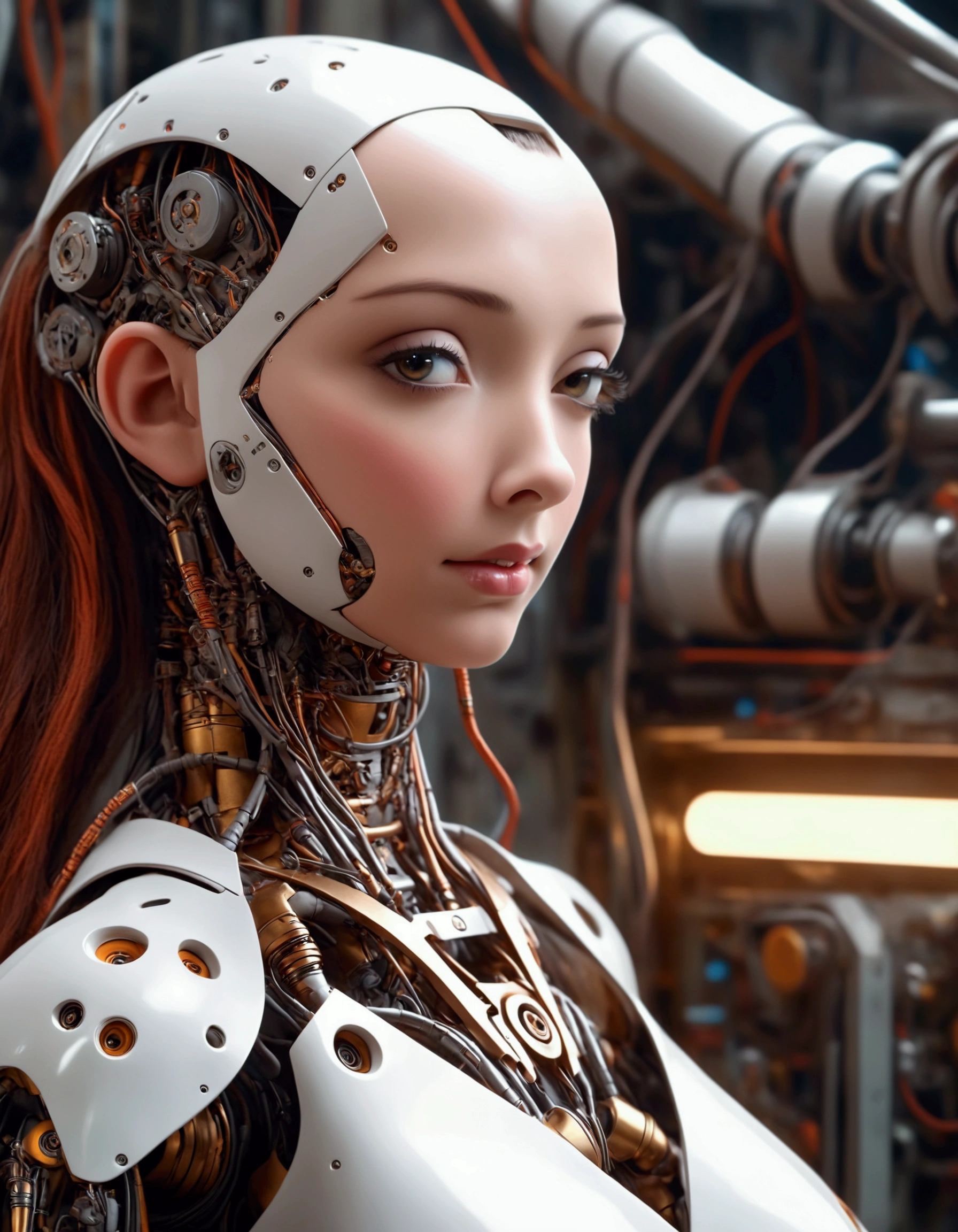 a lovely female robot, obviously mechanical, lifelike face, few open maintenance panels, standing in a machine shop on a space ship, highly detailed, intricate mechanical details, cinematic lighting, vibrant colors, futuristic, 4k, photorealistic, masterpiece, hyper detailed, exquisite craftsmanship, seamless integration of organic and inorganic elements, dynamic pose, emotive expression, cinematic atmosphere, stunning realism, mesmerizing mechanical elegance, expertly rendered
