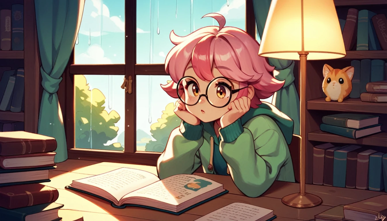 A cozy illustration of a young woman with short, dyed pink hair, sitting in a quaint, dimly lit bookstore. She’s wearing a comfy oversized cardigan and round glasses, deeply engrossed in reading a book. Rain gently patters against the shop’s large window, blurring the view of the street outside. A small, curious cat rests on the counter nearby, watching the raindrops. The warm, amber glow from the vintage lamps casts a soft light, enhancing the nostalgic and serene atmosphere of the scene."