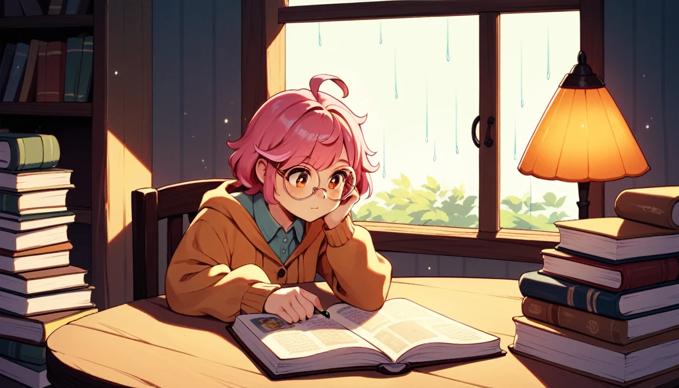 A cozy illustration of a young woman with short, dyed pink hair, sitting in a quaint, dimly lit bookstore. She’s wearing a comfy oversized cardigan and round glasses, deeply engrossed in reading a book. Rain gently patters against the shop’s large window, blurring the view of the street outside. A small, curious cat rests on the counter nearby, watching the raindrops. The warm, amber glow from the vintage lamps casts a soft light, enhancing the nostalgic and serene atmosphere of the scene."