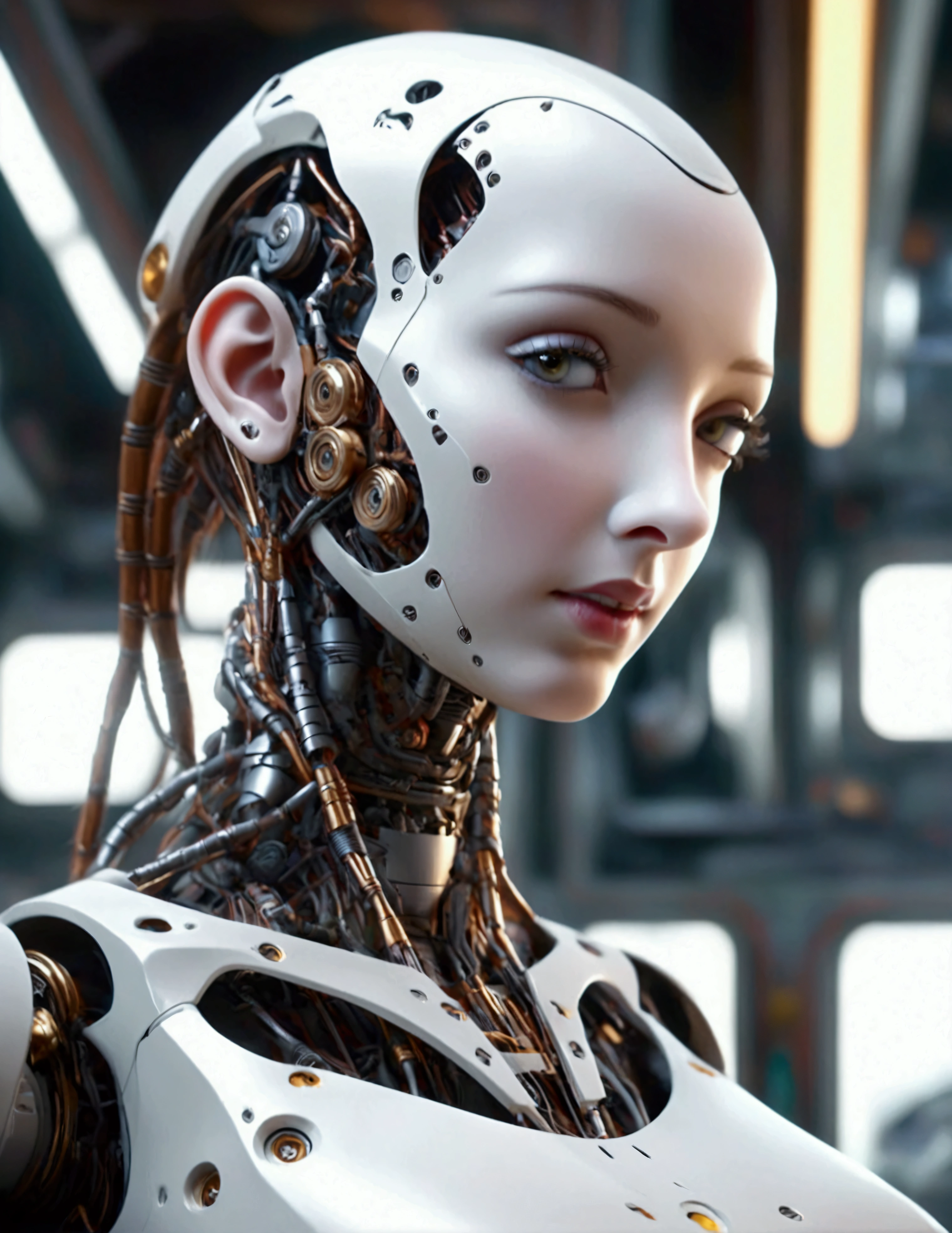 a lovely female robot, obviously mechanical, lifelike face, few open maintenance panels, standing in a machine shop on a space ship, highly detailed, intricate mechanical details, cinematic lighting, vibrant colors, futuristic, 4k, photorealistic, masterpiece, hyper detailed, exquisite craftsmanship, seamless integration of organic and inorganic elements, dynamic pose, emotive expression, cinematic atmosphere, stunning realism, mesmerizing mechanical elegance, expertly rendered
