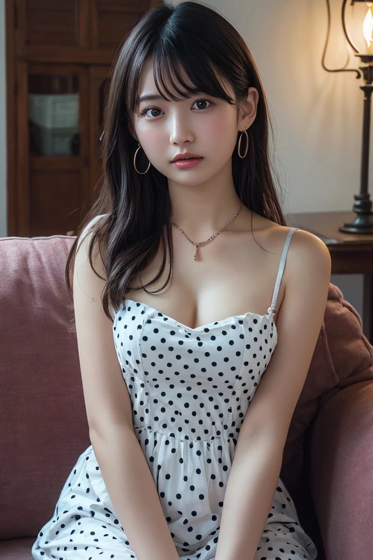 (Highest quality:1.4),(masterpiece:1.4),(Realistic:1.4),(Realistic:1.2),(超High resolution, RAW Photos:1.4),(High resolution, Ultra-detailed:1.2),(8k:1.2),View your viewers,Cinematic photography,One girl,skeletally correct,Black-haired woman,Woman in her early 20s,(Small earrings,necklace,Polka dot tube top dress),(Western-style building interior,Dimly lit room,The lamplight shines on my cheeks,Sit on the sofa)