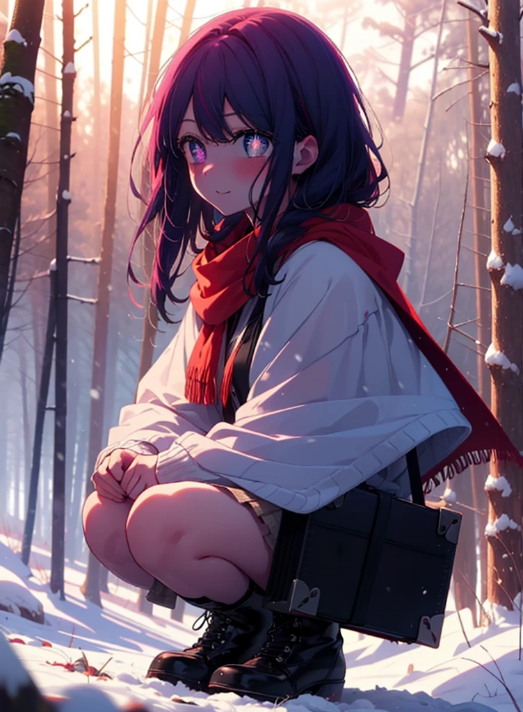 aihoshino, Ai Hoshino, Long Hair, bangs, (Purple eyes:1.1), Purple Hair, (Symbol-shaped pupil:1.5), smile,,smile,blush,white breath,
Open your mouth,snow,Ground bonfire, Outdoor, boots, snowing, From the side, wood, suitcase, Cape, Blurred, , forest, White handbag, nature, Squat, Mouth closed, Cape, winter, Written boundary depth, Black shoes, red Cape break looking at viewer, Upper Body, whole body, break Outdoor, forest, nature, break (masterpiece:1.2), Highest quality, High resolution, unity 8k wallpaper, (shape:0.8), (Beautiful and beautiful eyes:1.6), Highly detailed face, Perfect lighting, Extremely detailed CG, (Perfect hands, Perfect Anatomy),