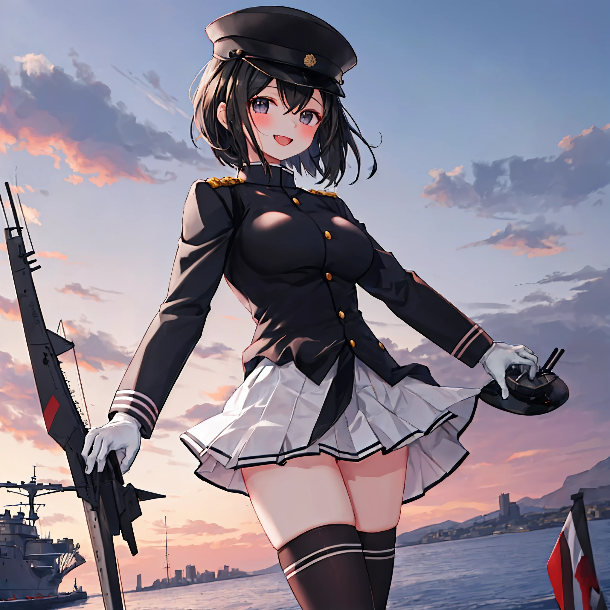 best quality, masterpiece, solo, {akitsu_maru_kantaicollection:1.15}, black_hair, short_hair, hat, peaked_cap, black_eyes, military, big_breasts, 1girl, black_headwear, looking_at_viewer,black_ military_uniform, uniform, military_hat, in_front_harbor_town_landscape_background, smile,(plump:0.7),,black_thigh-highs,joylight_open_mouth,white_skin