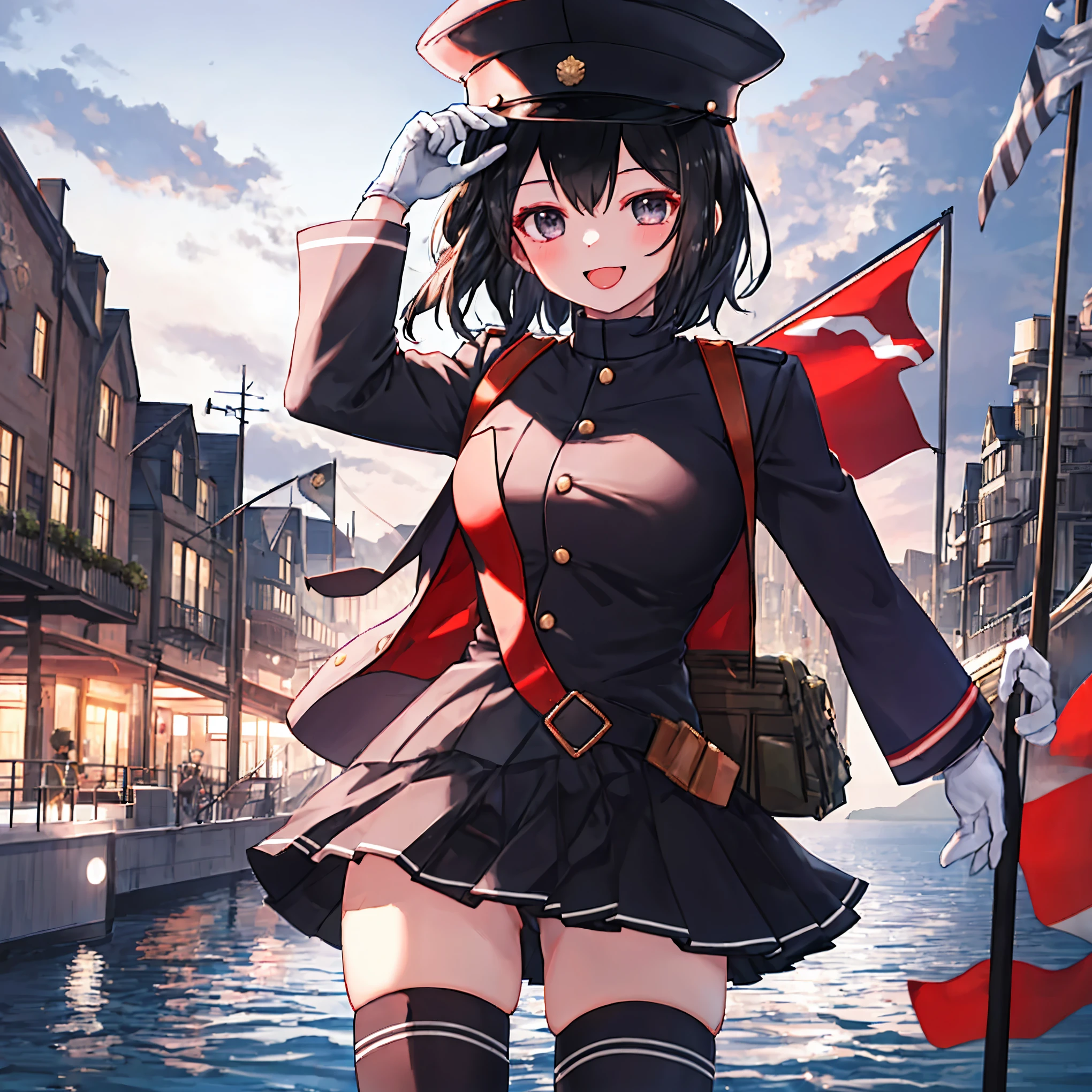 best quality, masterpiece, solo, {akitsu_maru_kantaicollection:1.15}, black_hair, short_hair, hat, peaked_cap, black_eyes, military, big_breasts, 1girl, black_headwear, looking_at_viewer,black_ military_uniform, uniform, military_hat, in_front_harbor_town_landscape_background, smile,(plump:0.7),,black_thigh-highs,joylight_open_mouth,white_skin