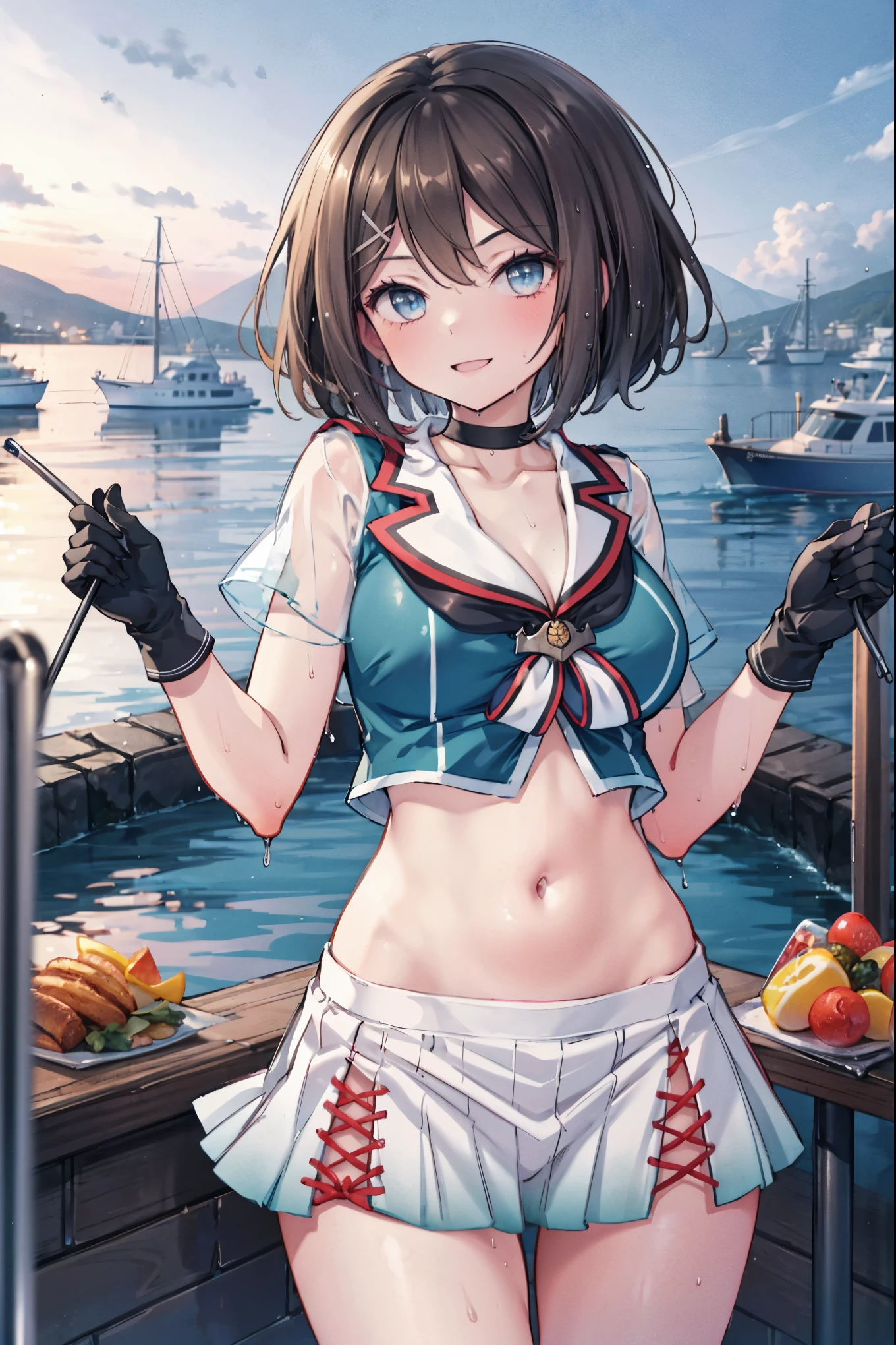 1young__ girl, , brown_hair, medium_bob_hair, blue_midriff_baring_sailor_uniform, mini_skirt, short_sleeve, thighs, gigantic_breasts, (angry:0.6), smile,nihil,standing, harbor_landscape_background, slightly_spread_Legs, happiness, short_gloves, wet,,covered_nipples, covered_crotch,happy,nihil