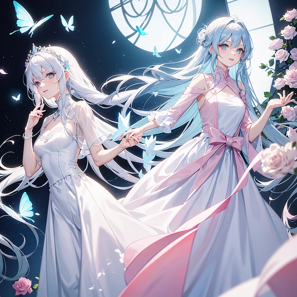 A woman with long silver hair with light blue tips, bangs, and a slender face. Eyebrows are very small and thin. Light red lips, pink cheeks, white skin, wearing a white dress and a long skirt. There was a blue butterfly in my hair, light blue eyes, light pink roses adorning my dress, smiling, there was only one person.