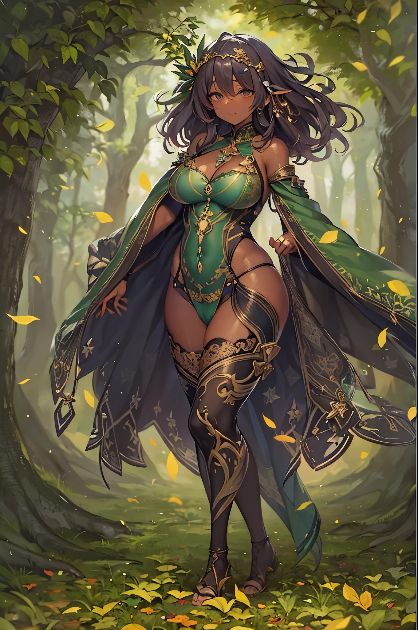 fantasy, 1forest_elemental_girl, (dark_skin)0.9, (using_leaves_clothes, green_leaves_covered_breasts, leaves_covered_pussy),large_breasts, walking, (smile, sleepy)+, medium_hair, navel, oil, (winding_vine_around_torso)++, forest_background, leaves_headgear, green_leaves_cape,armpits, spread_arms, large_staff, thighhighs, plump,