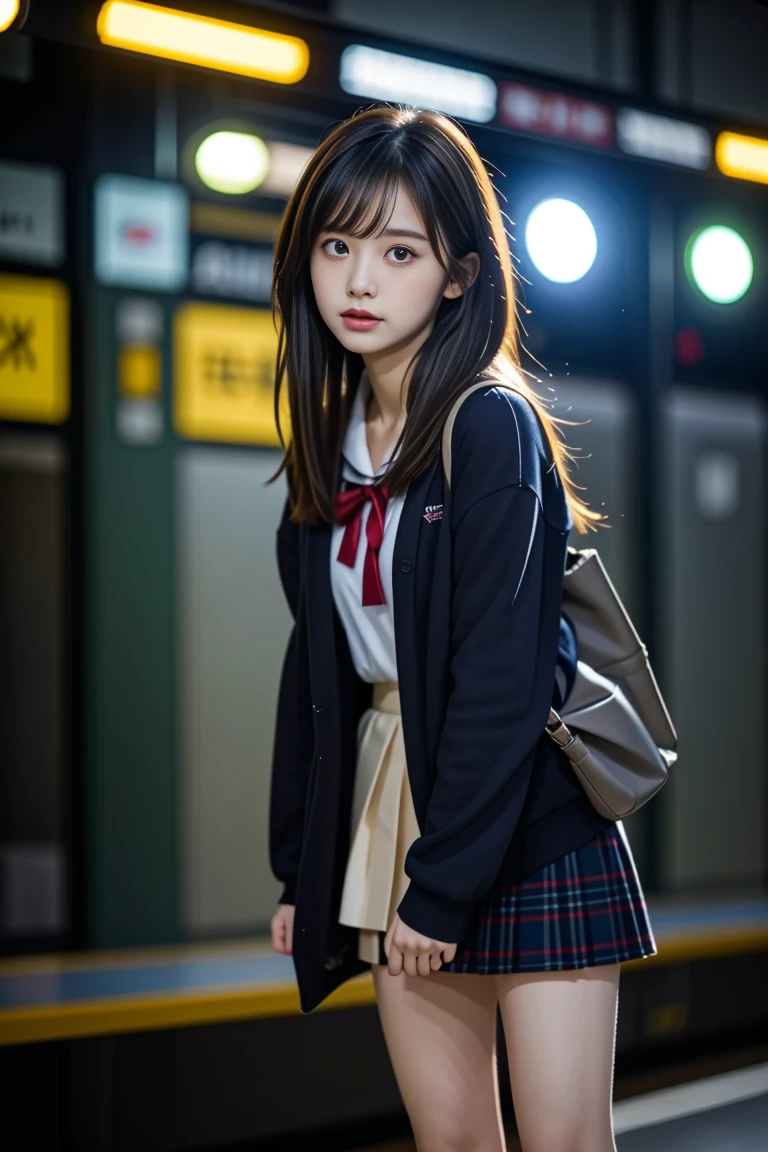 "(RAW Photos:1.4), (photoRealistic:1.3),(masterpiece), Highest quality, Highest quality, Very detailed CG unity 8k wallpaper, Detailed and sophisticated, original,High resolution,
\\
One girl,alone,(yo),Very detailed_eye, nail,Medium chest,(eyeliner:0.5),(blush:0.5),Black Hair,Long Hair,Hair Clip, View Viewer,Browsing Caution,
\\
high school,student,, Sailor collar,Bobby Socks,school bag,skirt, Plaid, Plaid skirt,Raise your knees,Sitting,
\\
street, Subway Station, Shop Boundaries, akihabara \(Tokyo\), Shibuya Ward \(Tokyo\), Shinjuku \(Tokyo\),
\\
Beautifully detailed backgrounds,Depth of written boundary,change:0.1,Realistic:1.3,(Zhou Haoguang:1),(Neon Light:0.1),(High resolution:1),(Studio Lighting:1.5),(Panty shot:1.2),From below,whole body,"
