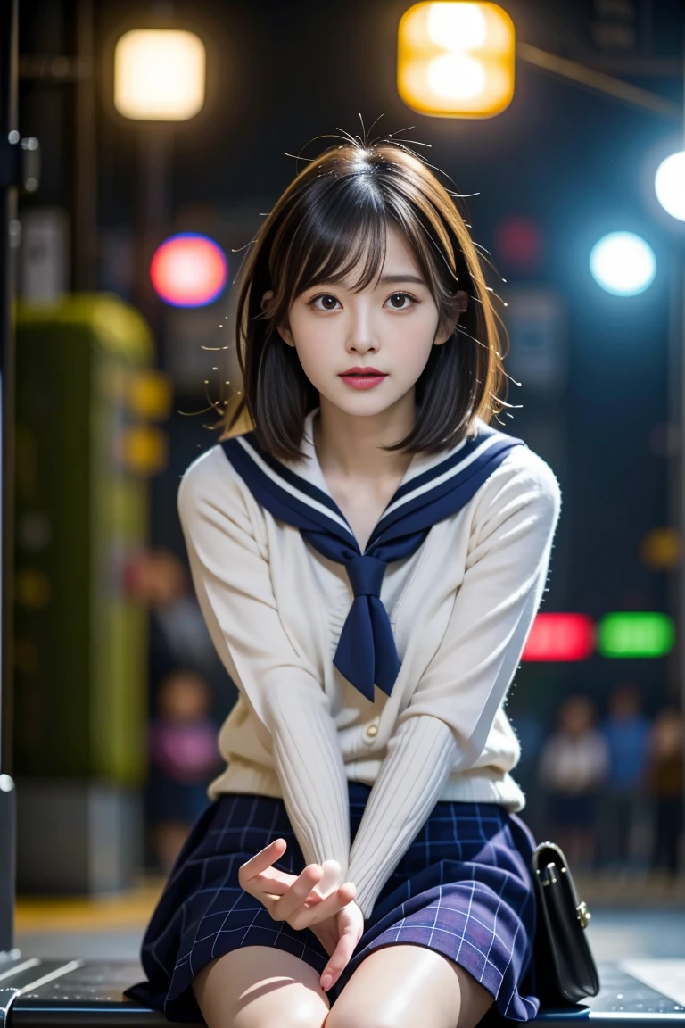 "(RAW Photos:1.4), (photoRealistic:1.3),(masterpiece), Highest quality, Highest quality, Very detailed CG unity 8k wallpaper, Detailed and sophisticated, original,High resolution,
\\
One girl,alone,(yo),Very detailed_eye, nail,Medium chest,(eyeliner:0.5),(blush:0.5),Black Hair,Long Hair,Hair Clip, View Viewer,Browsing Caution,
\\
high school,student,, Sailor collar,Bobby Socks,school bag,skirt, Plaid, Plaid skirt,Raise your knees,Sitting,
\\
street, Subway Station, Shop Boundaries, akihabara \(Tokyo\), Shibuya Ward \(Tokyo\), Shinjuku \(Tokyo\),
\\
Beautifully detailed backgrounds,Depth of written boundary,change:0.1,Realistic:1.3,(Zhou Haoguang:1),(Neon Light:0.1),(High resolution:1),(Studio Lighting:1.5),(Panty shot:1.2),From below,whole body,"