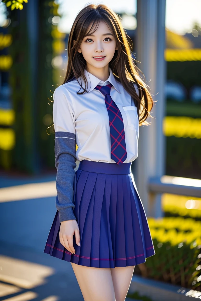 (school uniform:1.5), (Realistic:1.4), (Highest quality:1.0), (Ultra-high resolution:1.0), 8k, RAW Photos, (masterpiece:0.2), Super detailed, Short Closure, One girl, Beautiful Skin, Detailed skin, Displaying the viewer, whole bodyesbian, (Long Hair:1), whole body, A very short plaid skirt and a white school shirt, Student shoes with knee-length socks