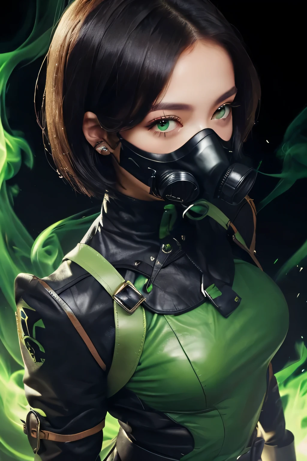 a woman in a green and black leather outfit with a gas mask, short black hair, light green eyes, green smoke in background