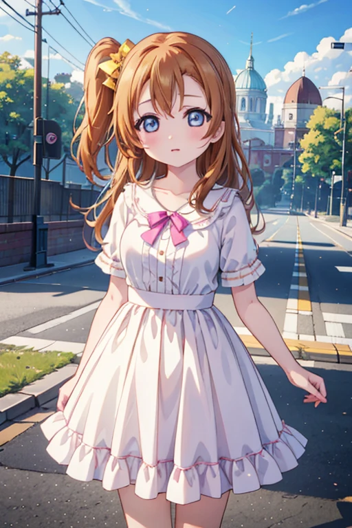 (Highest quality、Masterpiece ∶1.2)、One Girl、alone、anime、animeScreencap、Ray Tracing、Global Illumination、ultra hi resolution picture、Bright colors、Depth of written boundary、Outdoor、whole body、cute、Honoka Kousaka