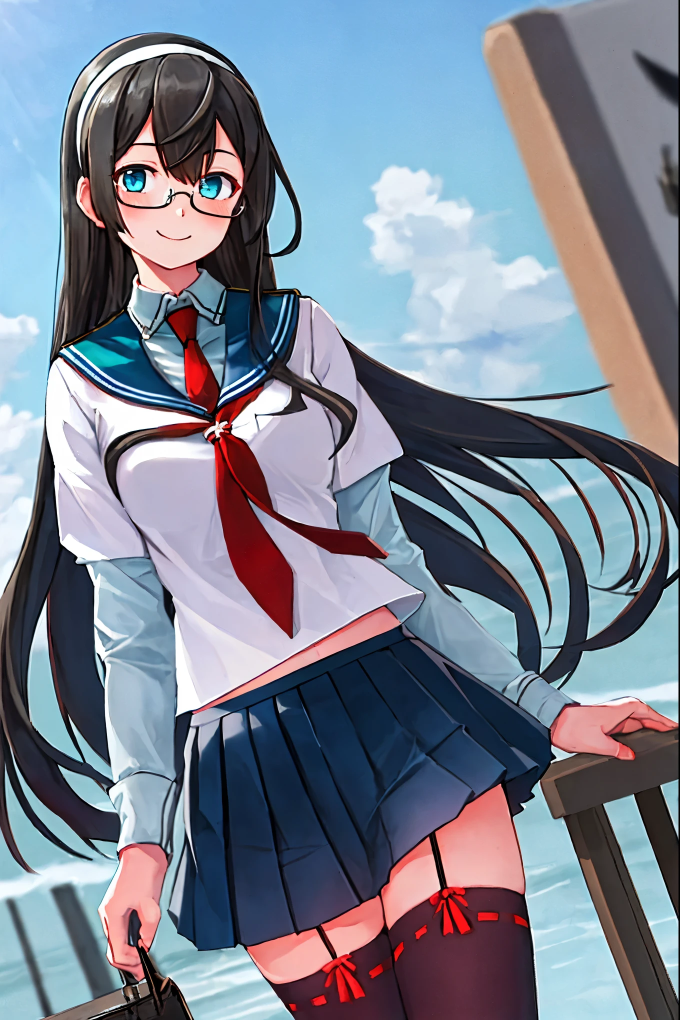 best quality, masterpiece, highres, solo, {ooyodo_kantaicollection:1.15}, black_hair, long_hair, glasses, hairband, semi-rimless_eyewear, under-rim_eyewear, blue_eyes, green_eyes, blush,small_breasts, 1girl, school_uniform, serafuku, pleats_skirt, looking_at_viewer, necktie, harbor_town_background, red_necktie,(angry:0.7),smile,,thigh-highs,solo