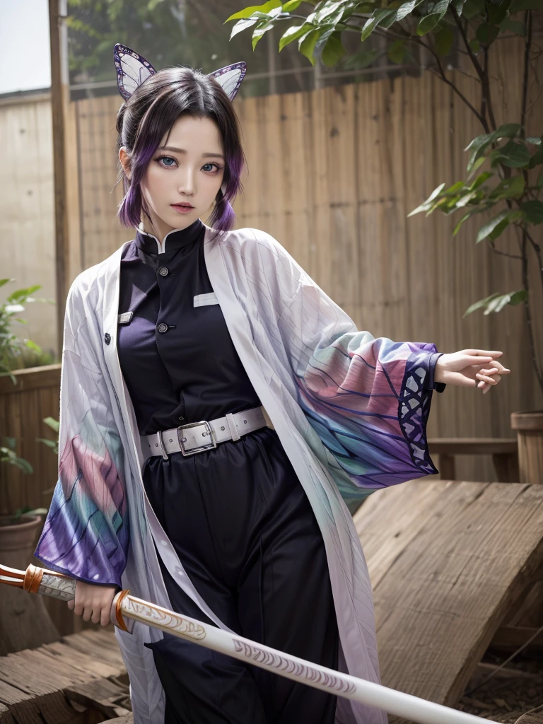 masterpiece, Highest quality, High resolution, One girl, alone, kochou shinobu, Butterfly Hair Ornament, Purple eyes, Multicolored Hair, short hair, Parted bangs, Haori, Wide sleeves, Long sleeve, Black trousers, Black jacket, belt, Cowboy Shot, Have a weapon, sword
