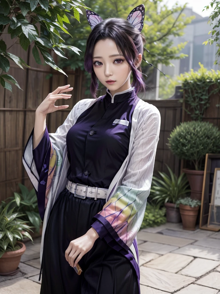 masterpiece, Highest quality, High resolution, One girl, alone, kochou shinobu, Butterfly Hair Ornament, Purple eyes, Multicolored Hair, short hair, Parted bangs, Haori, Wide sleeves, Long sleeve, Black trousers, Black jacket, belt, Cowboy Shot, Have a weapon, sword