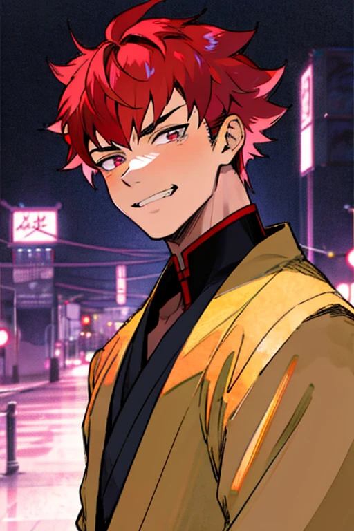 Anime Shōnen,boy, Nightcore, Anime Art Style, Anime art style, Anime Style 4 k, Lo-fi art style, Anime Style. 8k, in Anime Style, Kuvshinov Ilya, Digital anime illustration, Anime Shōnen,  Portrait of Rofi，Red hair、Short Hair、Iris、Face showing teeth and smiling、Chinese clothing，(Background - Night city）