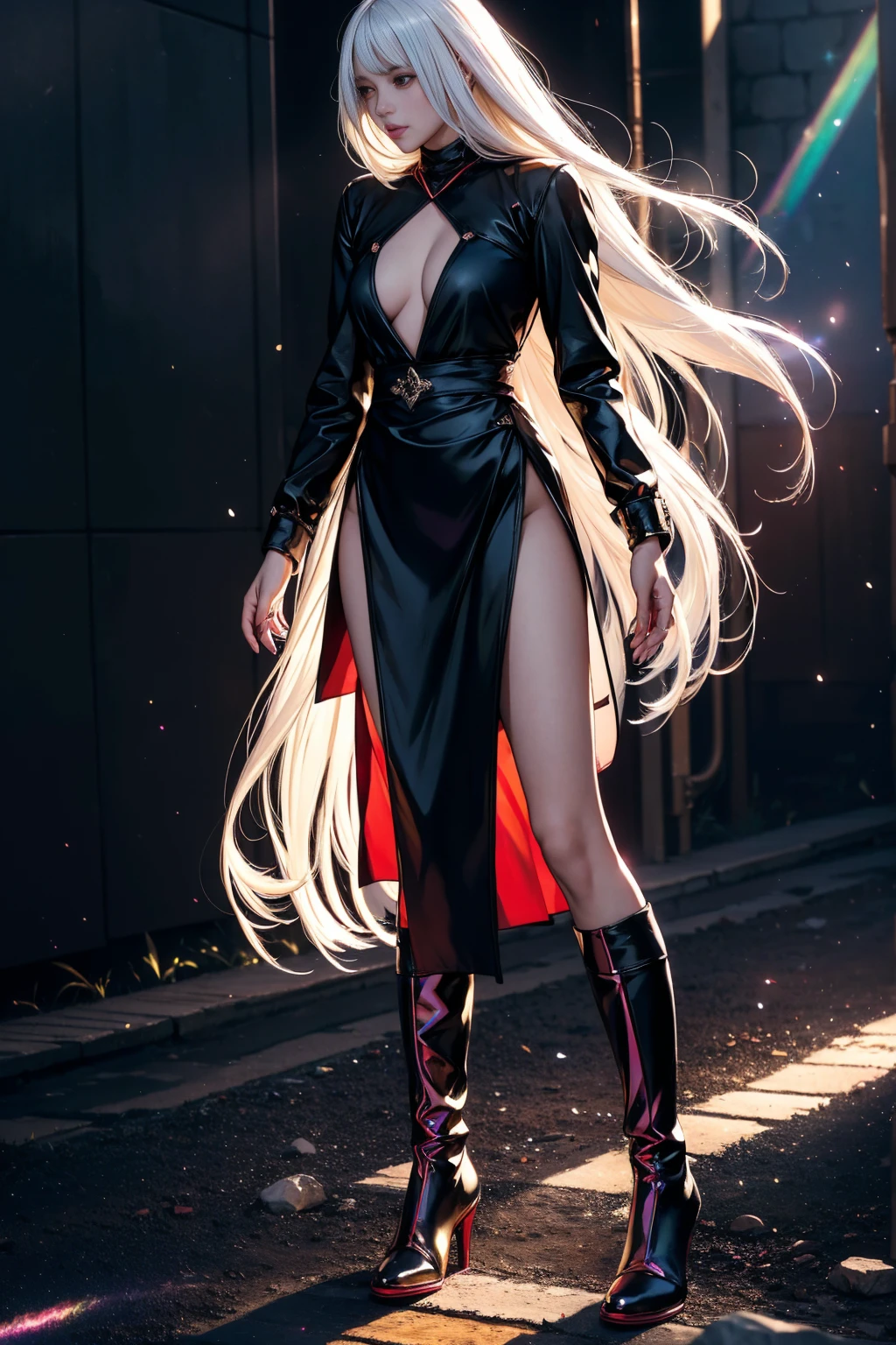 Girl with long white hair down to her waist, with small red details, red eyes, long black dress with a leg slit, with red details, long black boots up to below the knees, white skin, the ground around her is cracking and small stones are floating around her surrounded by a black aura, she is surrounded by shadows, and the background is dark like the night with the universe and stars, her presence causes fear, her shadow appears to be a monster, 8k, high quality, full body, (ultra-realistic), {extremely detailed 8k CG unit wallpaper}, expansive landscape photograph, (light: 2.0), (warm light source: 1.5), complex details, (iridescent colors: 1.5), (bright lighting), (atmospheric lighting), surreal, impressive, fantasy, (Solo: 1.2)