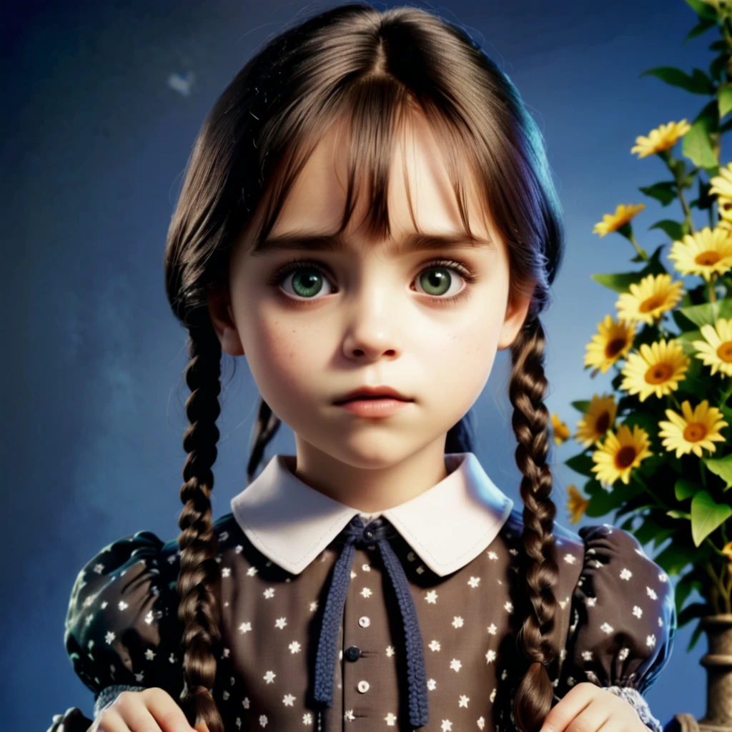 Republican period costumes ,A girl , Tie your hair ,Big eyes Wearing glasses , With an umbrella,squatting on the ground,Look at the flowers on the ground