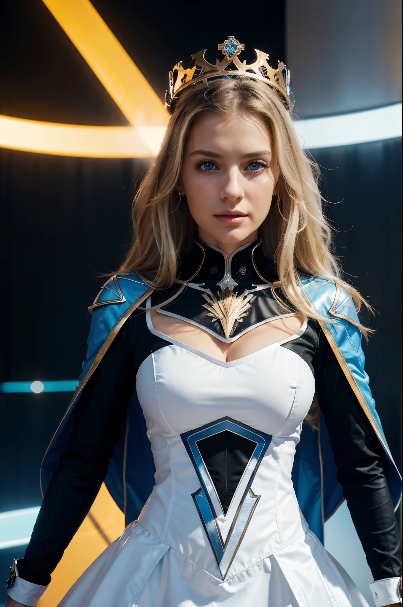 portrait of a woman 30 years old white woman she has very long wavy hair, she has blond hair, blue eyes, slim face and nose, slim, futurist royal dress and crown, she's holding a stall, mix of armor and dress, futurist crown with lights and diamonds, colorful vectors, dynamic lines, geometric shapes, gradient colors, futuristic, digital art, high-tech, vibrant hues, 3D rendering, complex design, symmetrical patterns, sun lights, glowing effects, sharp edges, vector graphics, vector art, motion blur, vector illustration, smooth curves, precise angles, precision rendering, modern aesthetics, sleek style, innovative composition, high-contrast, energy, kinetic, digital brushstrokes, surreal, chromatic aberration, artistry, professional quality, ultra-detailed, vivid colors, vibrant atmosphere, dynamic perspective