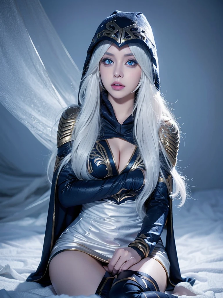 ashe \(league of legends\) 1girl  detached sleeves hooded cape thighhighs white hair long hair , completly nude, medium breasts, snow, front view, blushing face, blue eyes, light blue eyes