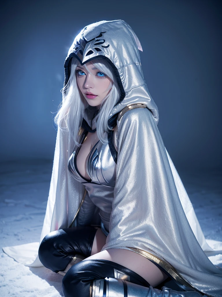 ashe \(league of legends\) 1girl  detached sleeves hooded cape thighhighs white hair long hair , completly nude, medium breasts, snow, front view, blushing face, blue eyes, light blue eyes